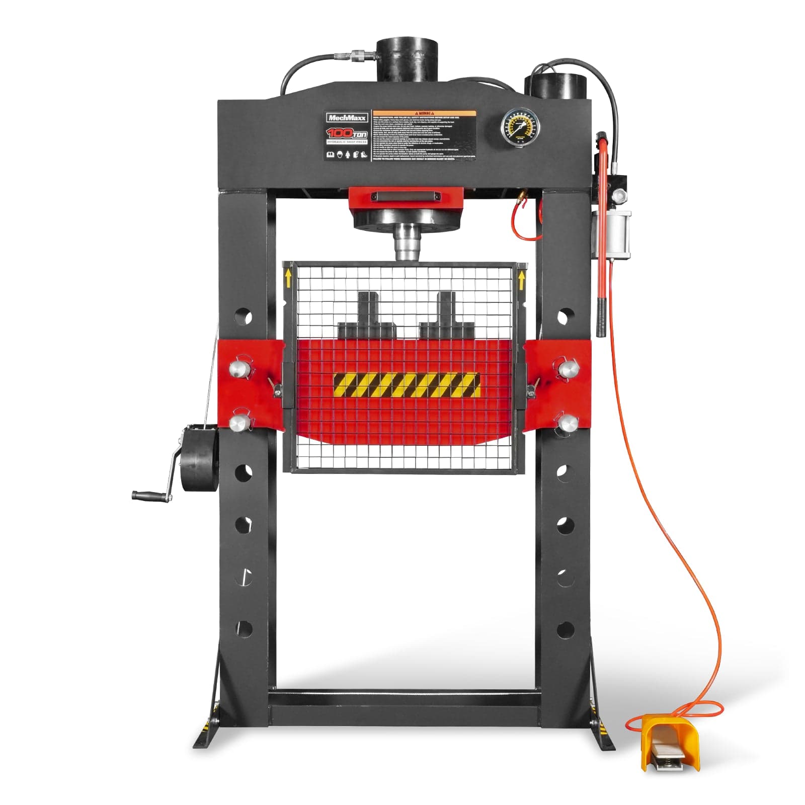 100 Ton H-Frame Air/Hydraulic Shop Press with Hand Winch, Fully Welded Steel Frame, Safety Guard, Foot Pedal Control, HSP100