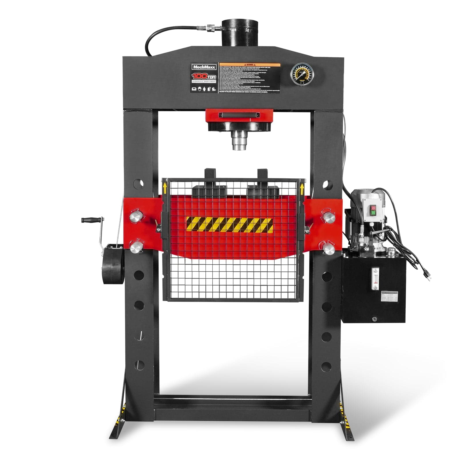 100 Ton H-Frame Electric Hydraulic Shop Press with Hand Winch, 110V Motor, Fully Welded Steel Frame, Safety Guard, Foot Pedal Control, HSP100E
