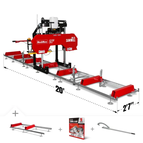 26" Portable Sawmill (5x Blades Included), 459cc 15HP E-Start Gasoline Engine, 20" Board Width, 20' Track Length (13' Track Length + 6.4' Track...